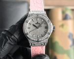 Hublot Lady 33mm Swiss Ronda Quartz Movement Crocodile Leather Pink Strap Iced Out Watch